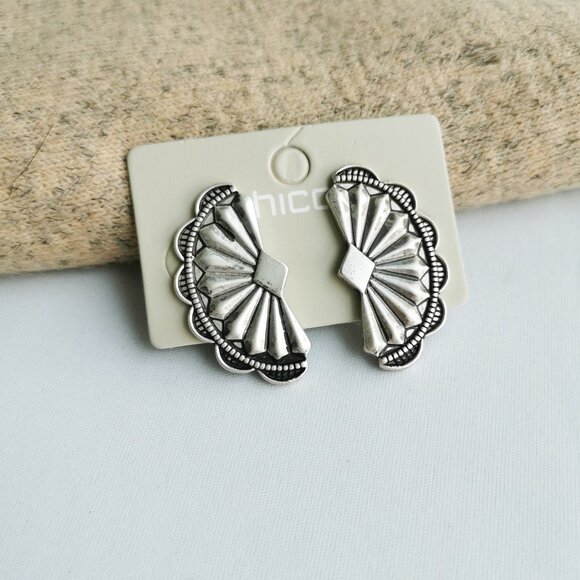 Chico’s Vintage-Inspired Silver Statement Earrings Bold Geometric Design - Picture 2 of 4